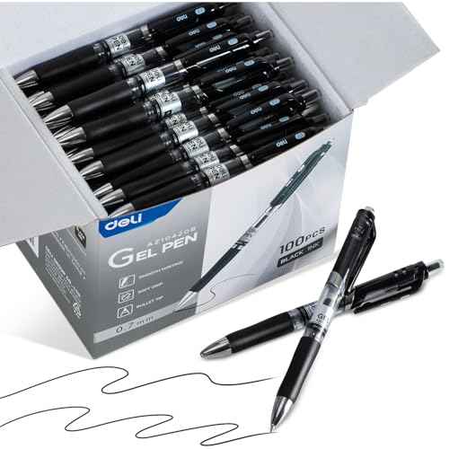 deli Gel Pens, 100 Pcs Retractable Pens Black Ink, Medium Point Pen 0.7mm, Smooth Writing, Fast Dry, No Bleed for Journaling Note Taking, Home School Office Supplies