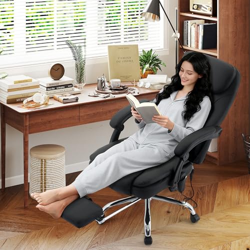 BIGGARSIT Black 500Lbs Ergonomic Massage Office Chair with 6-Point Vibration & Heat — Reclining, Big & Tall PU Leather