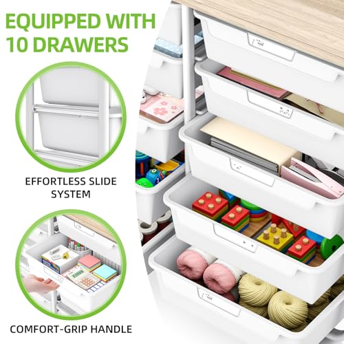 APEXCHASER White 10-Drawer Rolling Storage Cart with Wooden Top - Home & Office