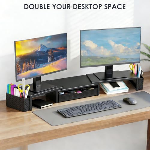 Spacrea Dual Monitor Stand Riser with Drawer & Pen Holders - Black