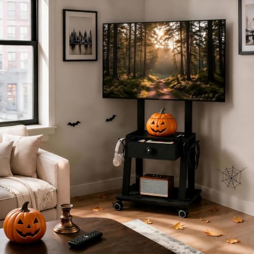 Aokitsink Mobile TV Stand with Drawer for 23-60 Inch TVs, Tilt Rolling Cart, 2 Shelves, Height Adjustable, 50 lb Capacity, VESA 400x400mm – Black