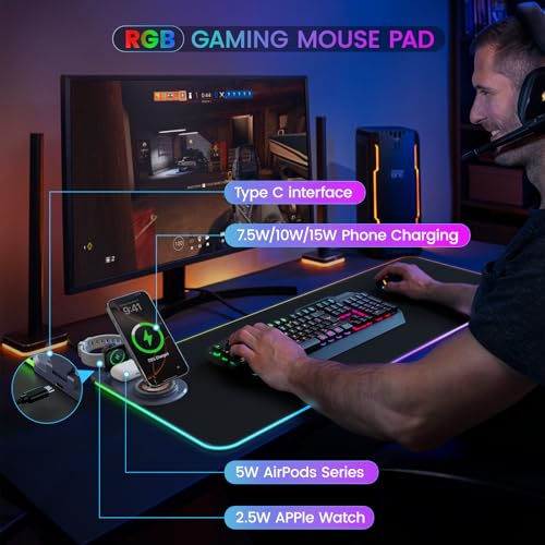 15W Wireless Charging Mouse Pad with Phone Holder&20W Power Adapter, RGB Gaming Mouse Pad, 15 Lights Mode 31.5"x15.75" XXL Large Desk Pad,Ultra-Smooth Surface,Non-Slip Rubber Base