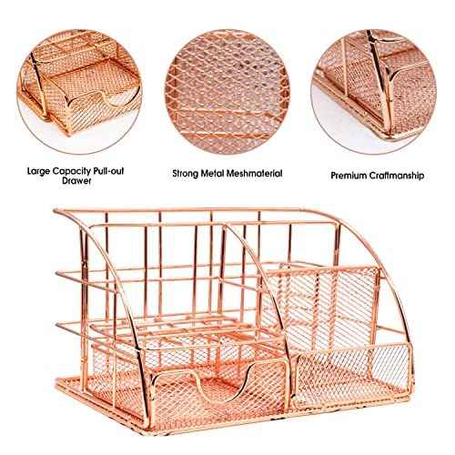Rose Gold Desk Organizers and Accessories Office Supplies Set Stapler, Pen Holder, Phone Holder, Scissors, Pen, Ruler, 30 Paper Clips, 22 Binder Clip, 20 Tacks and 1000pcs Staples