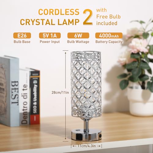Crystal Table Lamp, Cordless Touch Desk Lamp, Dimmable Bedside Lamp, Modern Nightstand Lamp, 3000K Warm White LED Bulb with USB C+A Charging Port 4000MAH Battery Operated Light for Bedroom