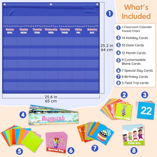 AKAYOK Classroom Calendar Pocket Chart with 88 Cards - Blue, Durable Wall Hanging Learning Tool for Homeschool & Classroom