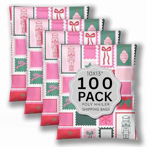 Picksie Mailers- Cute Christmas Shipping Bags 10x13 Packaging Supplies for Small Business Pink Designer Holiday Mailers Polybag Packaging 100 Pack Bulk Mailers Shipping Envelope - Holly Poly Postage