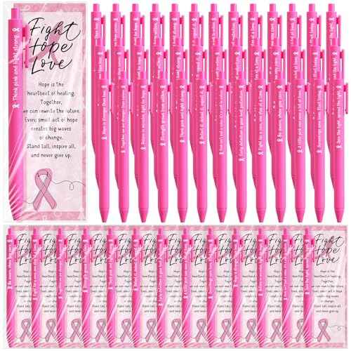 100 Sets Breast Cancer Care Gifts Breast Cancer Awareness Pens Pink Ballpoint Pens Pink Ribbon Pin Hope Cards and Bags Inspirational Gifts for Women Charity Fundraiser Campaign Party Favors