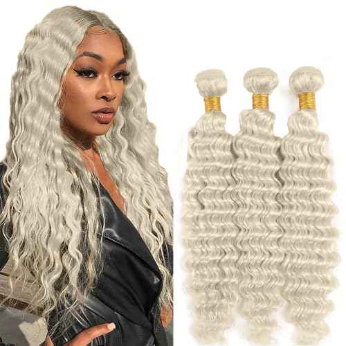 #88 Platinum Blonde Bundles Human Hair Deep Wave Bundles 14 16 18 Inch Platinum Blonde Deep Wave Bundle Unprocessed Brazilian Virgin Weave Hair 3 Bundle 50 Gram Per Bundle