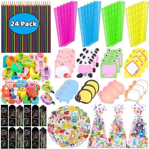 Stationery Party Packs, 24 Pack Birthday Goodie Bags for Kids with Pencils Rulers Erasers Perfect Classroom Rewards Student Gifts School Class Goodie Bag Return Gifts