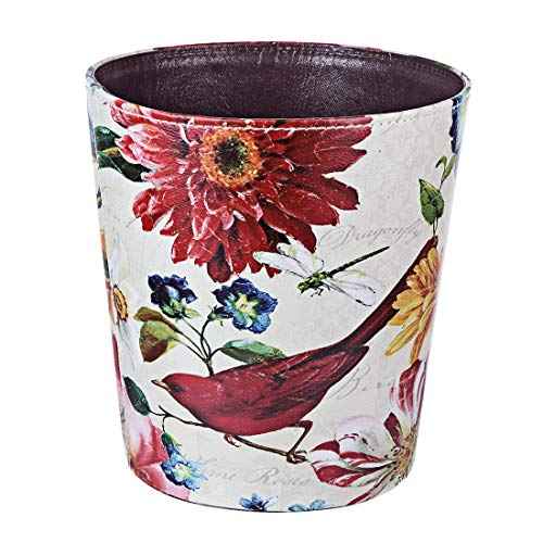 Leather Trash Can, Retro Decorative Waste Basket, 10L Capacity Small Waste Paper Basket, Waterproof Garbage Can for Bathroom, Bedroom, Office, Kitchen and Living Room - Red Bird
