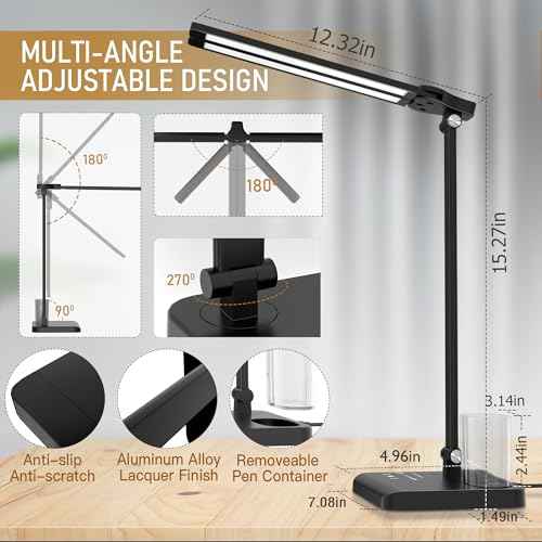 Dimmable LED Desk Lamp with USB Charging Port, 50 Lighting Modes Dual Swing Arm Architect Table Lamp Light Desk Lamp for Home Office Dorm Piano Nail