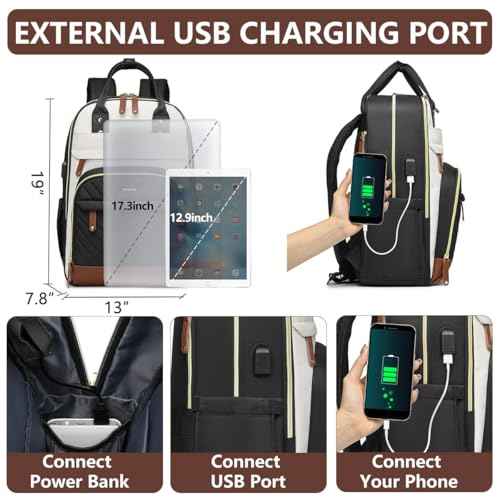 Laptop Backpack for Women College Bookbag - 17.3 Inch Fashion Travel Work Bag with USB Charger Anti-theft Business Backpacks for Nurse Teacher Beige Black Brown
