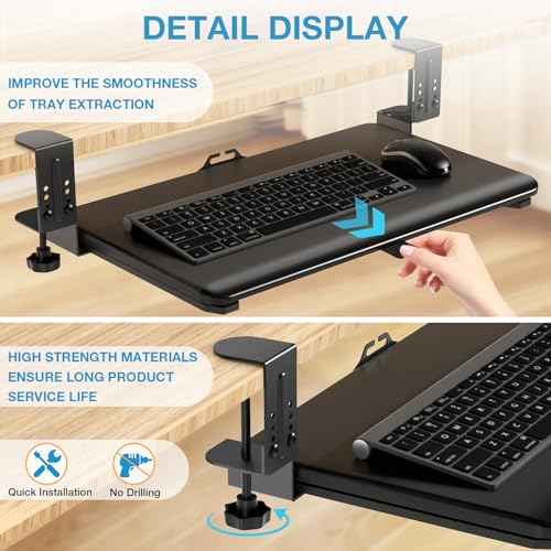 YOMT Adjustable Keyboard Tray Under Desk, Small Pull-Out Computer Keyboard Drawer with C-Clamp, 20¡± (24.2¡± Including Clamps) x 13¡± Slide-Out Platform Computer Drawer for Typing, Black