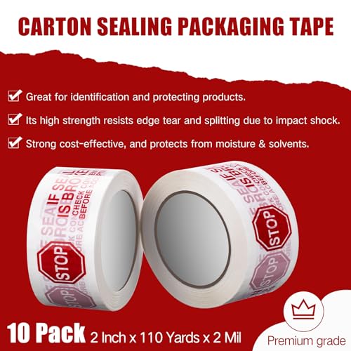 Nezyo 10 Rolls Security Tamper Proof Tape 2 Inch x 110 Yards x 2 Mil Stop Sign Sealing Tape Pre Printed If Seal is Broken Check Contents Before Accepting for Moving Heavy Duty Packing (White)
