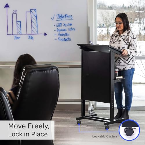 S Stand Up Desk Store Mobile Adjustable Height Lectern Podium – Black Frame, Black Shelves