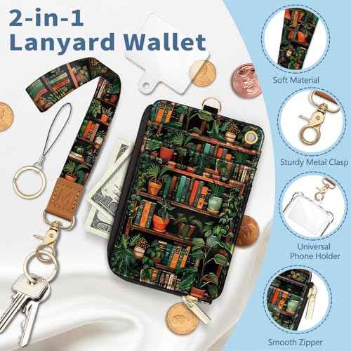 Lanyard Wallet with Id Badge Holder, Bookshelf RFID Small Keychain Wallet Women Wristlet, Cute Zipper Credit Card Holder Phone Wrist Neck Strap for Key Name Tag, Teacher Student Office Gifts