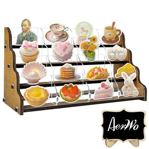 AerWo Sticker Display Stand, Greeting Card Display Stand for Vendor, 4 Tier 16 Shelves Portable Wooden Stickers Display Rack for Retail Counter Events for Postcard Brochure Photos Picture Display