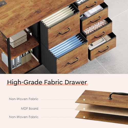6 Drawer File Cabinet with Charging Station Rolling Printer Stand with Open Storage Shelf Fabric Lateral Filing Cabinet for Home Office,Rustic Brown2