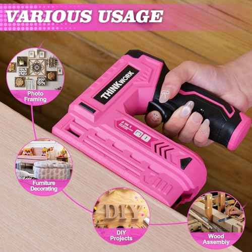 THINKWORK Pink Electric Staple Gun - 2 in 1 Nail Gun Battery Powered with 1000Pcs Staples and Nails, 4V Cordless Upholstery Staple Gun for Wood, Brad Nailer with USB Charger for Carpentry, Crafts, DIY