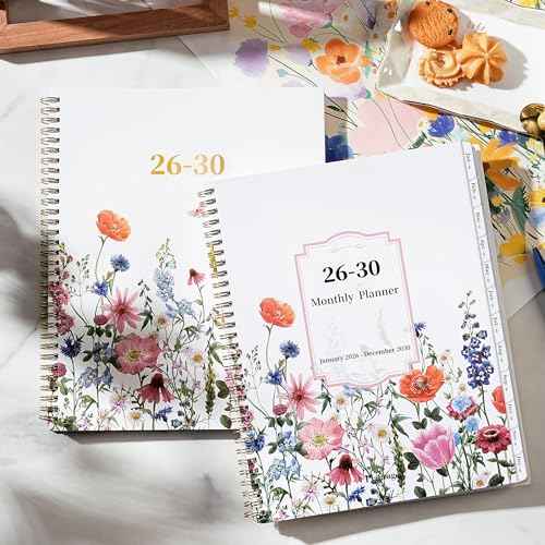 2026-2030 Monthly Planner - 5 Year Planner/Calendar, 2026-2030 Monthly Calendar Planners Spiral Bound, Jan. 2026 - Dec. 2030, 9" x 11", Twin-Wire Binding + Tabs + Pocket - Flowers