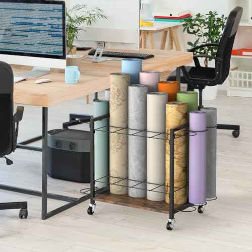 Blueprint Storage Rack Cart,18 Slots Blueprint Holder with Wheels,Used for Wrapping Paper Storage,Gift Wrapping Organizer Storage,Organizing Posters, Architectural Plans and Artwork Stably(Brown)
