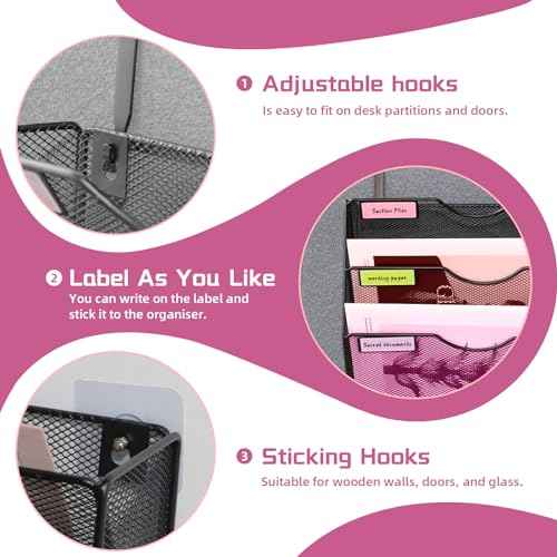 3 Pockets Mesh Wall File Holder Organizer Office Hanging File Folder Magazine Rack, Nametag Label Hooks Set Included (Black)