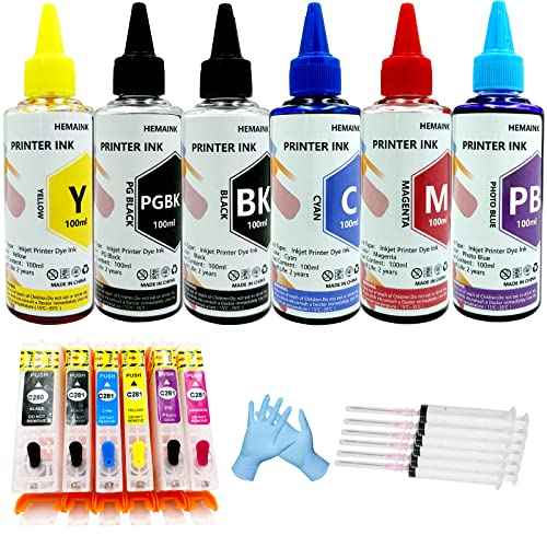 Empty Refillable Ink Cartridge and 6 Bottles Ink Compatible for Canon 280xxl 281xxl PGI-280XXL CLI-281XXL for PIXMA TS9120 TS8120 TS8220 TS8320 Printer (PGBK,BK,C,M,Y,Photo Blue) 6 Colors