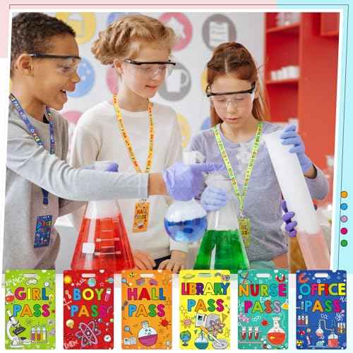 6 Pack Science Hall Passes Lanyards Unbreakable PVC Hall Pass Set with 34 Inch Lanyards for Classroom Elementary Middle School Restroom Library Office Teacher Management Supplies