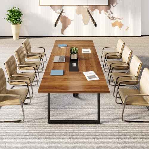Little Tree 8FT Conference Table for 10 People, Large Meeting Table, Modern Conference Room Table with Cable Management, Training Table with Strong Metal Legs for Office, Brown