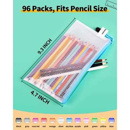 Smarpau 96 Pack Pencil Pouch, 12 Colors 9.3" x 4.7" Small Mesh Zipper Pouches, Clear Pencil Case Waterproof Zipper Bags for Office Supplies, Travel Organization