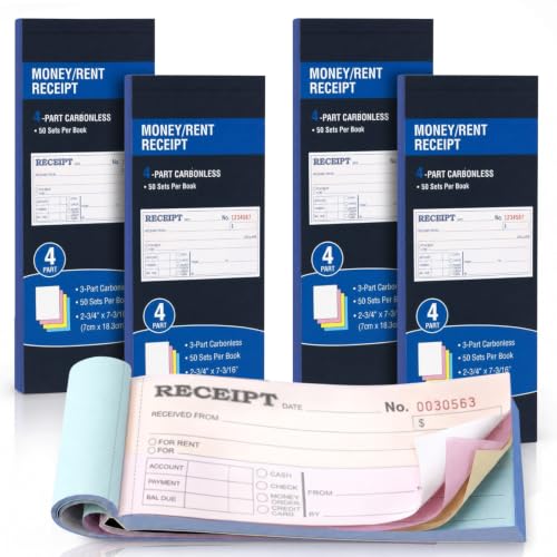 Money & Rent Receipt Book Set, 4-Part Carbonless, Consecutive Numbered 200 Sets (2-3/4 x 7-3/16 in) for Landlords & Small Businesses