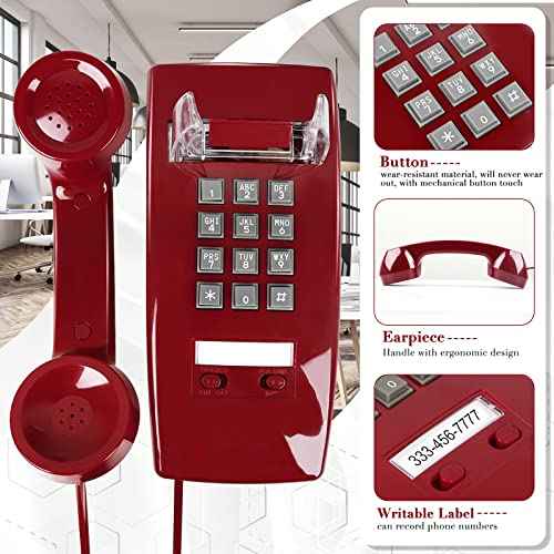 Retro Wall Phone, Sentno Vintage Wall Mounted Phones for Landline with Loud Mechanical Ringing, Wall Telephone with Ringtone and Handset Volume Control for Home, Office, Hotel and School (Red)