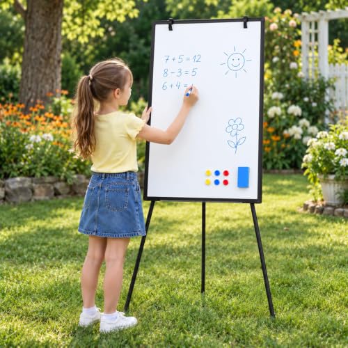Black Magnetic Whiteboard Easel with Adjustable Tripod Stand, 28"W x 65.4"H
