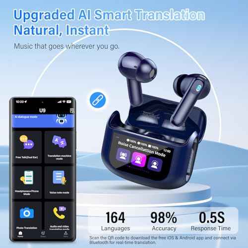 AI Translation Earbuds Real Time,164 Language/7 Translation Modes Translator Earbuds with Audio and Video Calls,No Subscription,5 EQ Modes Touch Screen Translator Headphones,48H AI Ear Buds, Dark Blue