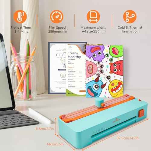 MECOLOUR Thermal Laminator Machine, A4 Laminating Machine, 110v, Comer Rounder, Paper Trimmer (Orange)