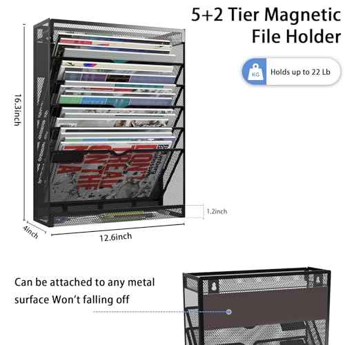 7-Tier Magnetic File Holder, No Drilling Wall File Organizer, Hanging File Organizer, Vertical Holder Rack for File Cabinets, Whiteboard, Refrigerator
