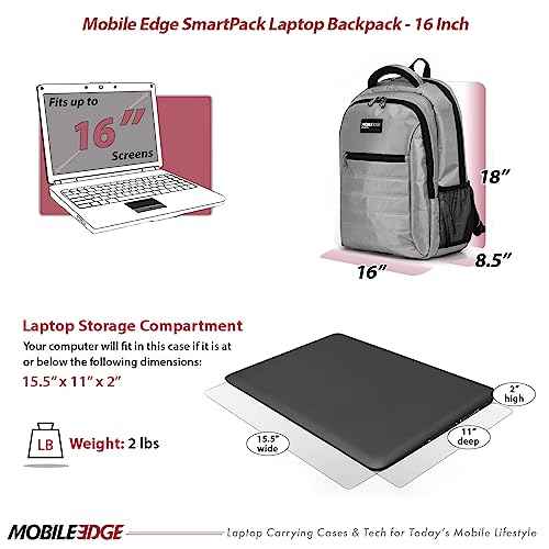 Mobile Edge SmartPack Laptop Backpack for Men and Women, Fits 16-inch Laptops, for Work, Business, Travel, Ultra Lightweight and Sleek, Silver