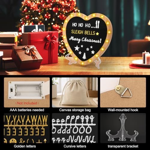 Stremnd Black Felt Letter Board with LED Heart Lights - 10x10 Inch Custom Sign & Stand, 530 Letters for Announcements & Decorations