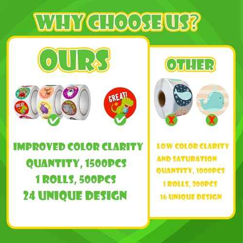 3 Rolls Motivational Stickers for Kids 1500 Pcs Round Animal Incentive Stickers for School Classroom Potty Training Rewards (Multicolour Animal)