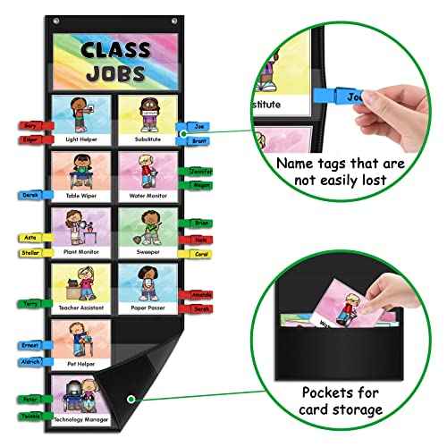 ABCxGOOD Class Jobs Pocket Chart Class Management Educational Pocket Chart Teacher's Helper, Preschool Classroom Must Haves Supplies, Great for Classroom Homeschool. (Black) (Black, 29.5"*10")