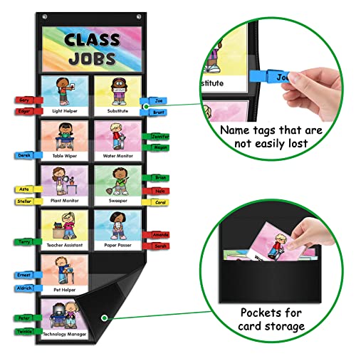 ABCxGOOD Classroom Jobs Pocket Chart Black 29.5 x 10 inches with 40 Cards