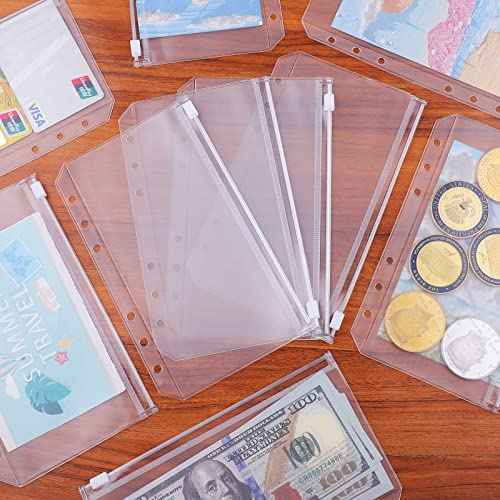 Antner 12pcs A6 Size Binder Pockets 6 Holes Budget Cash Envelopes for Budgeting, Clear Zipper Folders Loose Leaf Bags for A6 6-Ring Budget Binder, Waterproof PVC Document Pouch Filing Bags