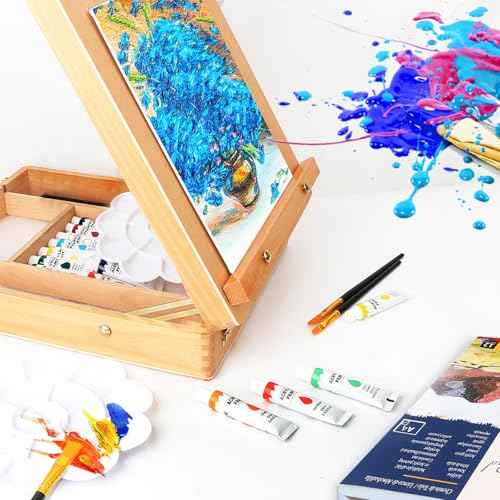WOWOSS Tabletop Art Easel Box Set, 26 PCS Painting Kit for Adult Artists & Beginners, Easel Stand with 12 Acrylic Paints, 12 Sheets Acrylic Pad, Brushes, for Indoor & Outdoor Use, Painting & Sketching
