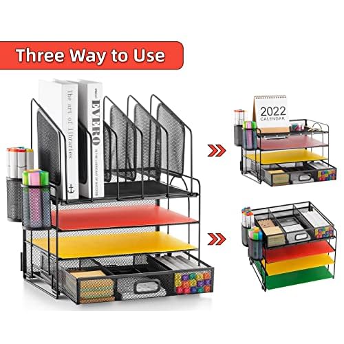 Marbrasse Desk organizer with Drawer, 4-Tier Mesh File Organizer with 5 Vertical File Holders and 2 Pen Holders, Multifunction Desktop Organizer,Desk Organizers and Accessories for Home Office