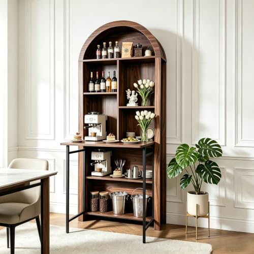 JIJIWANG 70.8-Inch Walnut Arched Folding Desk with Bookcase Storage for Small Spaces