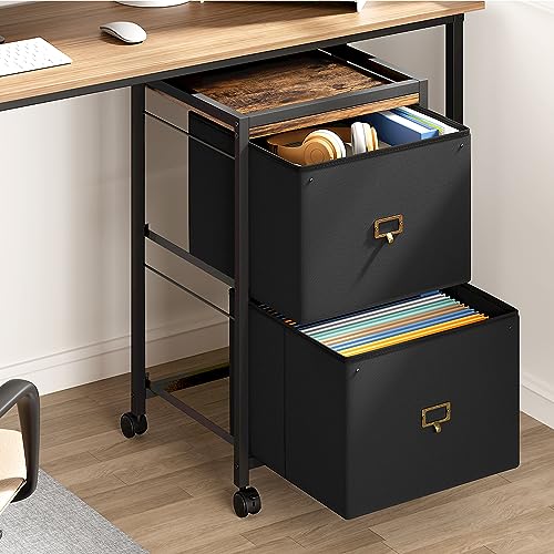 IDEALHOUSE 2 Drawer File Cabinet, Mobile Filing Cabinet for Home Office Fits A4 or Letter Size, Fabric Vertical File Cabinet with Wheels, Home Office Small Under Desk Storage Cabinet, Rustic Black