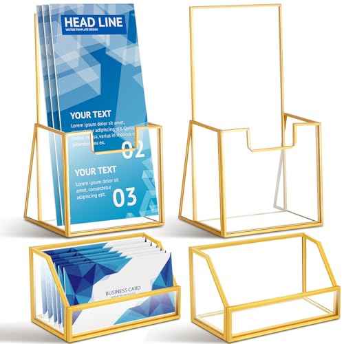 4 Pcs Glass Display Stand Set 2 Gold Glass Brochure Holder Stand 2 Gold Business Card Holder for Office Desktop Countertop Name Card Magazine Literature Journal (4 x 8 '')