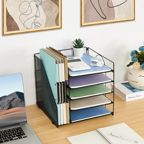 LEKETREE 12x12x12 Inch Black 5-Tier Desk Organizer with File Holder, Office Supplies