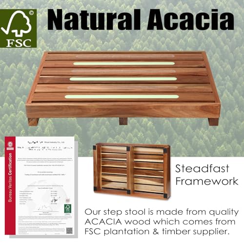 Acacia Wooden Step Stool, Non-Slip Surface 3.5¡± Height One Step Stools, Stepping Platform for Adults & Elderly, No Assembly Required, Bed Steps for High Beds/Entrance/Stairs/Bathroom/RV