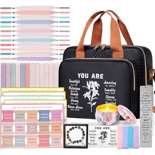 TuErcao Christian Gifts for Women, Bible Bag with Christian Bookmarks, Bible Verse Bracelets, Prayer Scented Candle and Study Supplies Kit with 75 BibleTabs, 12 Highlighters Spiritual Gifts for Mom